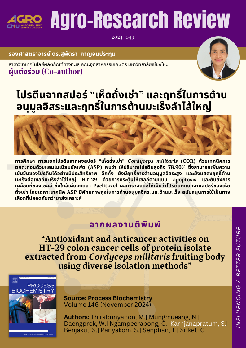 แนะนำงานวิจัย 2024-043:  โปรตีนจากสปอร์เห็ดถั่งเช่า และฤทธิ์ในการต้านอนุมูลอิสระและฤทธิ์ในการต้านมะเร็งลำไส้ใหญ่