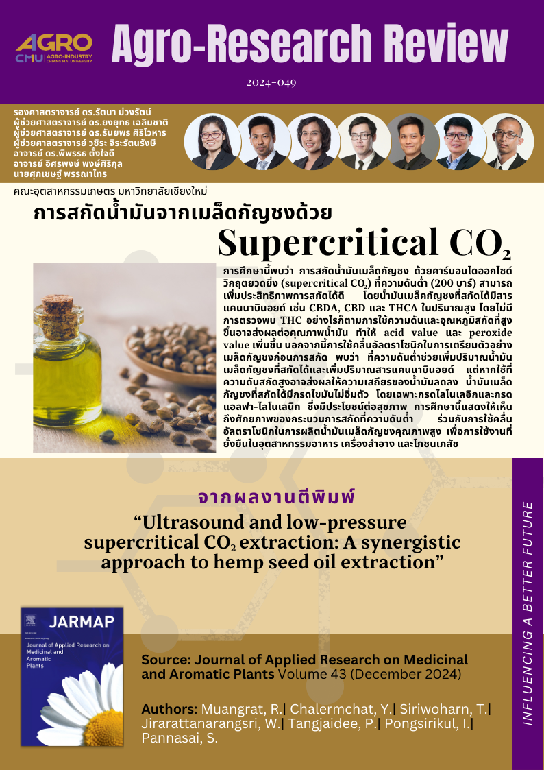 แนะนำงานวิจัย 2024-049: การสกัดน้ำมันจากเมล็ดกัญชงด้วย Supercritical CO2