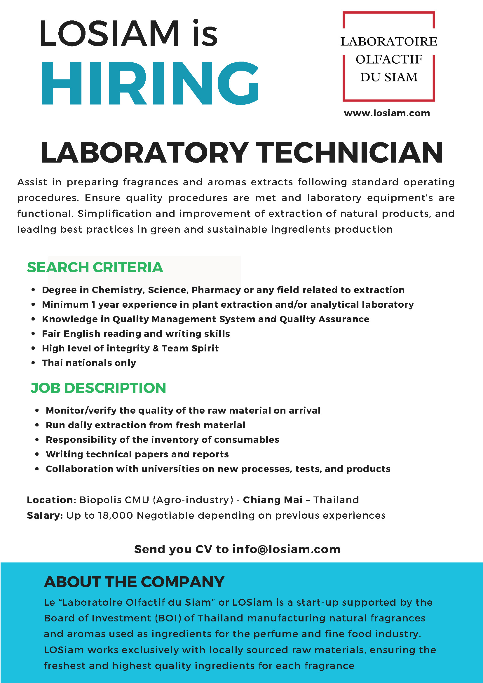 บริษัท แอลโอ สยาม จำกัด เปิดรับสมัครตำแหน่ง นักเทคนิคห้องปฏิบัติการ เพื่อช่วยเหลือในการเตรียมสารสกัดจากน้ำหอมและกลิ่นรสธรรมชาติ