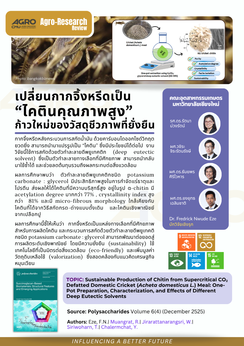 เปลี่ยนกากจิ้งหรีดให้เป็นไคตินคุณภาพสูง ก้าวใหม่ของวัสดุชีวภาพที่ยั่งยืน